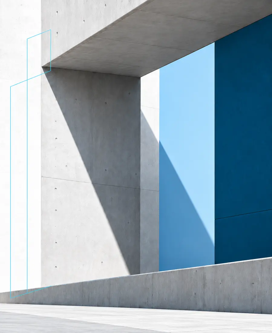 Intersecting architectural planes in peacock blue, light blue, and gray
